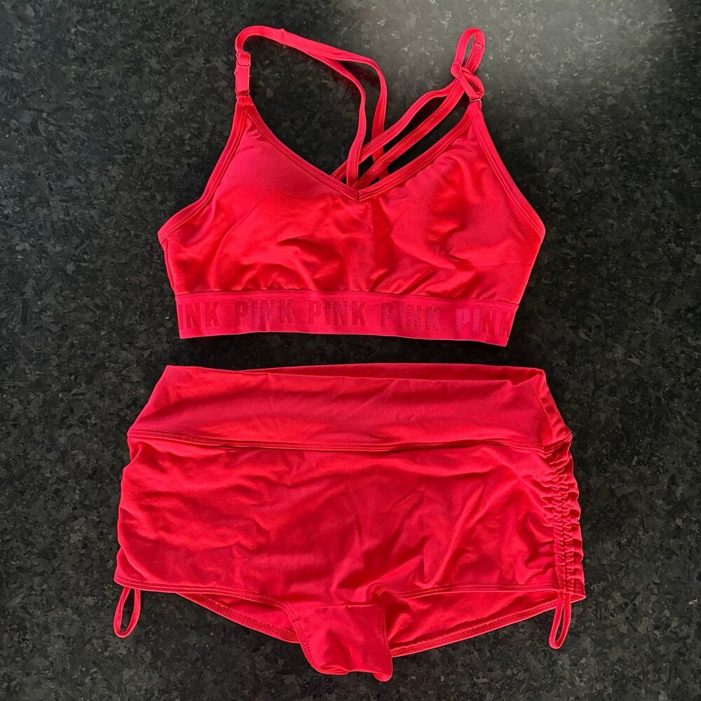 VS PINK RED Sports Bra & Shorts Bikini Swimsuit Set S/M, Two Purposes Dry & Wet